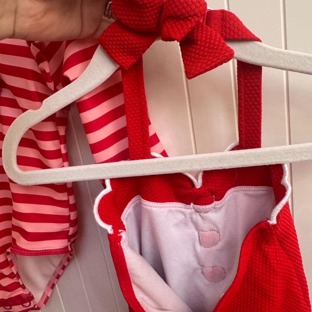 Janie and Jack Red & Pink Striped One-Piece Swim Set with Cherry Appliqué - Picture 2 of 4